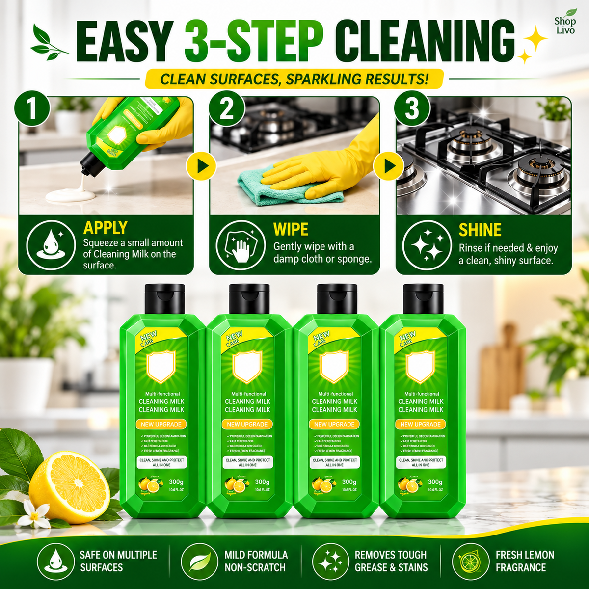 Multi-Purpose Kitchen Cleaner & Mopping Liquid (200ml, Pack of 4) – Powerful Heavy-Duty Stain Remover & Degreaser Cream