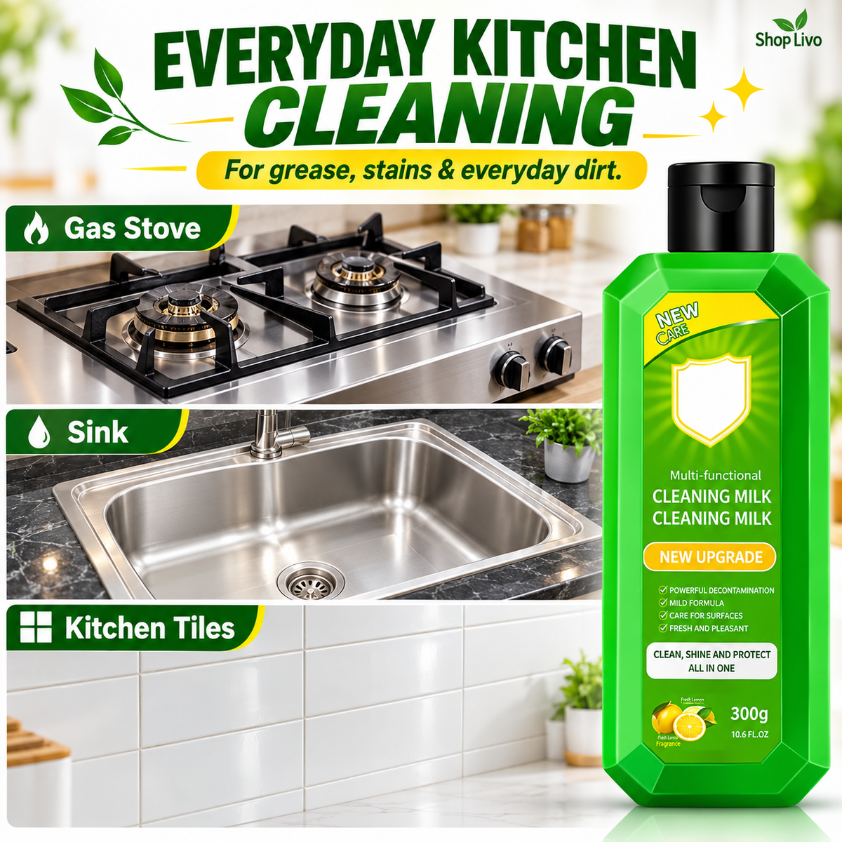 Multi-Purpose Kitchen Cleaner & Mopping Liquid (200ml, Pack of 4) – Powerful Heavy-Duty Stain Remover & Degreaser Cream