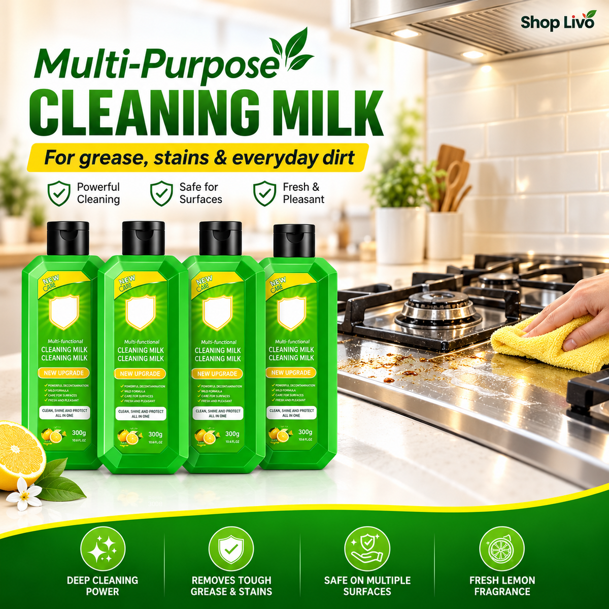 Multi-Purpose Kitchen Cleaner & Mopping Liquid (200ml, Pack of 4) – Powerful Heavy-Duty Stain Remover & Degreaser Cream