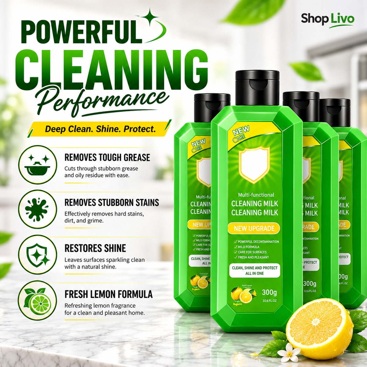 Multi-Purpose Kitchen Cleaner & Mopping Liquid (200ml, Pack of 4) – Powerful Heavy-Duty Stain Remover & Degreaser Cream