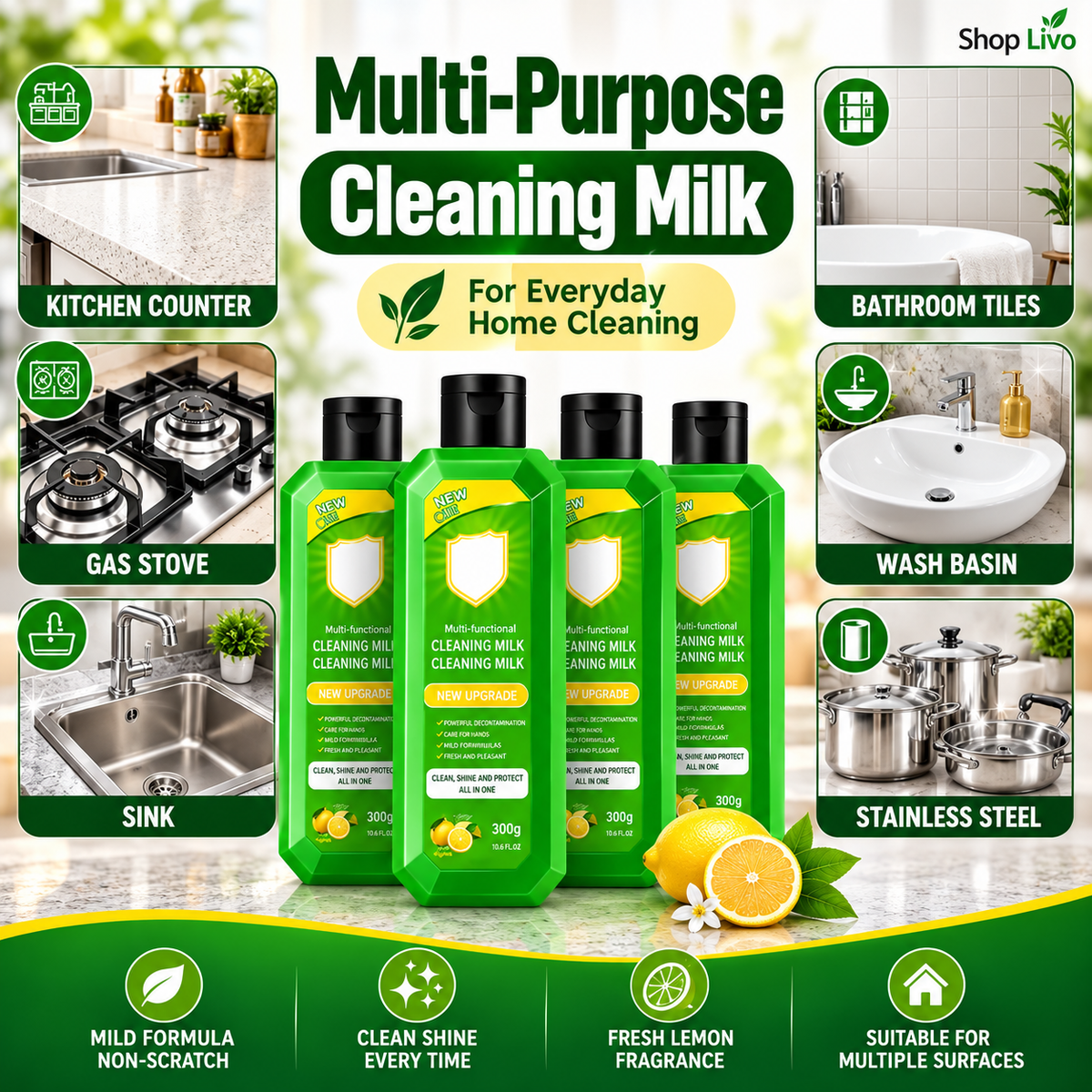 Multi-Purpose Kitchen Cleaner & Mopping Liquid (200ml, Pack of 4) – Powerful Heavy-Duty Stain Remover & Degreaser Cream